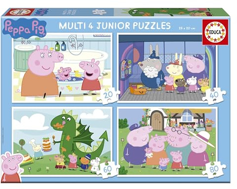 Educa - Peppa Pig | Lot de 4 Puzzles Enfants progressifs de 20 à 80 Pièces. Mesure approximative Une Fois assemblé : 28 x 20 cm. Composé de Grandes pièces Parfaitement finies. +4 Ans (20329)