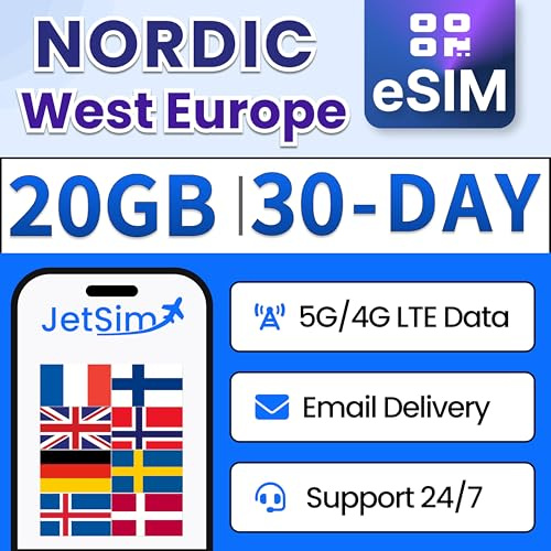 JetSim Nordic 30 Tage eSIM 20GB High Speed Daten + unbegrenzte Basisdaten für Dänemark, Finnland, Schweden, Norwegen | Sofortige QR-Code-Lieferung | Travel eSIM für iPhones