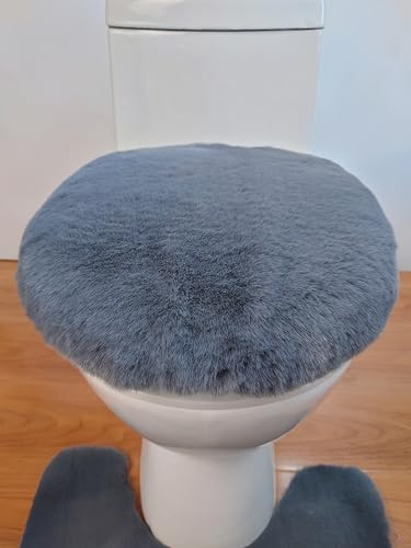 Imitation Rabbit Fur Toilet seat Cushion+U-Shaped Floor mat Set for All Seasons, Warm and Non Slip Bathroom Decoration Toilet seat Cushion (Dark Gray)