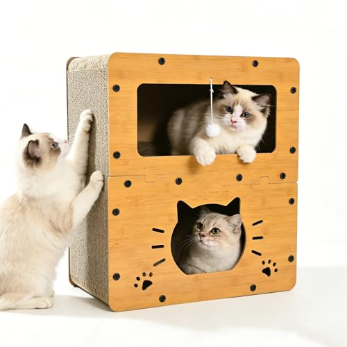 2-Floor Cat Scratcher House，Scratching Board, Hanging Ball Toy, Large Space Cat Bed Furniture for Multi Cats，Durable Board Entertain Feline Friends Prevent Furniture Damage