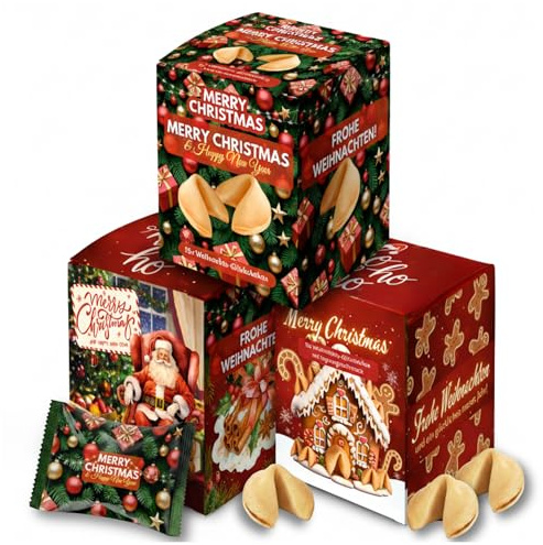 Weihnachts Glückskekse Mix – Zimt, Lebkuchen & Vanille, knuspriges Gebäck mit Sprüchen auf Deutsch, vegetarisch, einzeln verpackt, ideal als Adventskalender Füllung, Weihnachten & Silvester