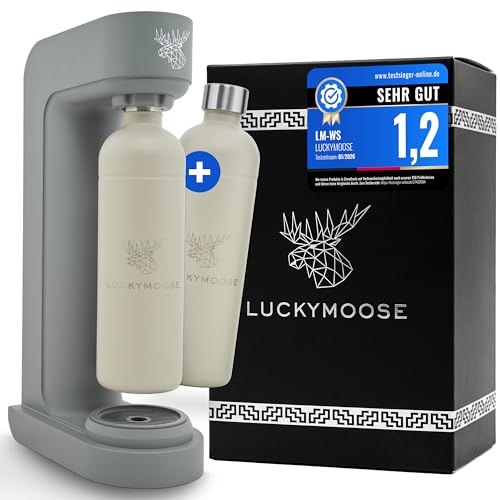 Luckymoose Infinity Wassersprudler mit 2x 1,25L langlebigen, spülmaschinenfesten Edelstahlflaschen – CO₂-sparende Sprudelwasser Maschine – Kompatibel mit den blauen 60l CO₂-Zylindern
