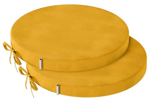 PRIMEPATIO Runde Esszimmerstuhl-Sitzkissen, 40 x 40 cm, Gelb, 2 Stück | 5 cm dicke, runde Bistro-Sitzpolster mit Bändern, rutschfeste Kissen für Küche, Garten, Barhocker und Innen- und Außenbereich