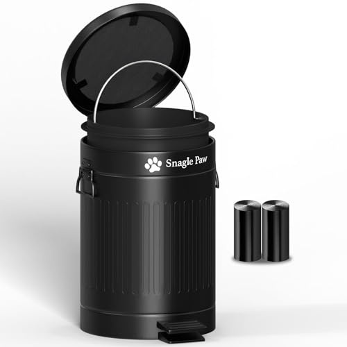 Snagle Paw Dog Metal Poop Trash Can for Outside, 12L Pet Waste Station with Foot Pedal Lid, Odor Control Activated Carbon Filter, Soft Close Mechanism, Comes with 40 Waste Bags for Large/Small Dogs