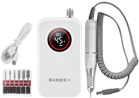Ponceuse pour Ongles Professionnelle, 45000 RPM Portable Ponceuse Ongle Sans Fil Rechargeable Avec Affichage LCD et 6 Embouts Ponçage pour Pédicure Manucure, Puissante, Silencieuse pour Salon/Maison