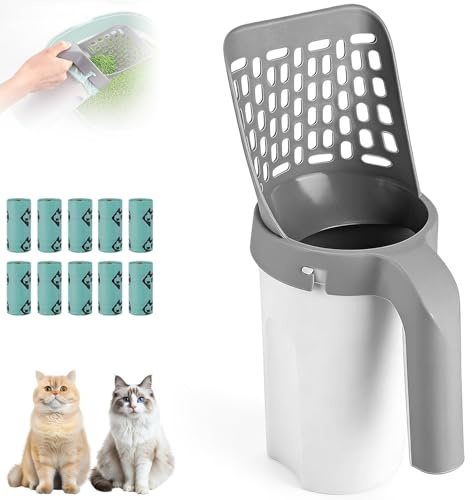 Aurobest Pelle Litière Chat avec Support & Sacs Poubelles, Pelle Crottes Portable pour Animaux, Ramasse Déchets Gande Capacité, Accessoire pour Chat, Pelle Litiere Intégrée Multifonctionnelle