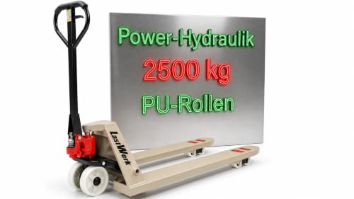 LastWerk One Hubwagen 2500 kg und 1150 mm Gabellänge PU Rollen Handhubwagen Palettenwagen Gabelhubwagen aus Stahl, Polyurethan (Nylon-Rollen, 1150 Millimeter)