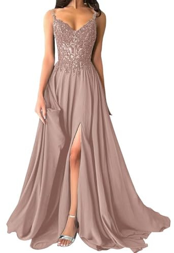 shownicer Abito Cerimonia Donna Vestito Lunghi Eleganti Matrimonio Abito da Sera in Chiffon Vita Alta Scollo A V Abiti in Pizzo Vestiti con Spacco A Rosa 50