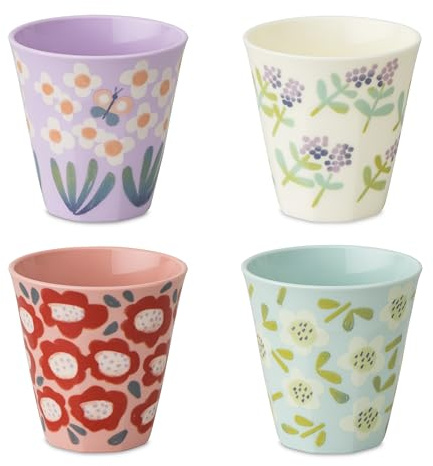 Koziol NORA CUP M Becher 300 ml | handillustriertes Dekor, bruchfest, stapelbar | biozirkulärer Kunststoff, spülmaschinengeeignet, melaminfrei | ideal für Küche Picknick Party (4, BLOOMIES)