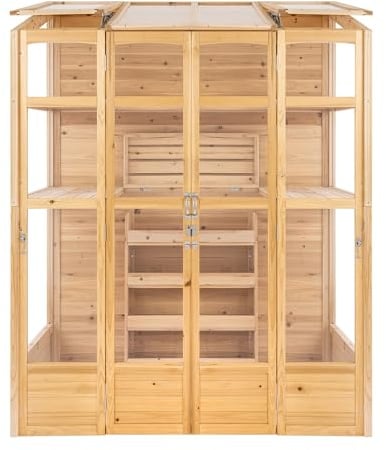 Garden Greenhouse 5 x 2ft Natural Wooden Victorian Tall Wall Growhouse Fir Wood Waterproof Paint Walk In Lean To 2 Swing Doors Auto-Vent Roof Windows Adaptable Shelving Planter Box Door Latch 4 Hooks
