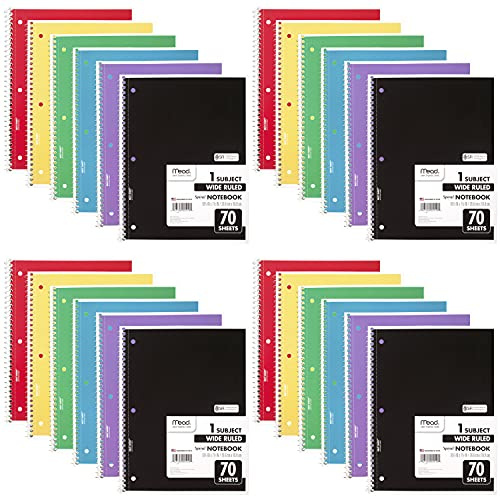 Mead Spiral Notebook, 24 Pack, 1-Subject, Wide Ruled Paper, 7-1/2 x 10-1/2, 70 Sheets per Notebook, Color Will Vary (05510)