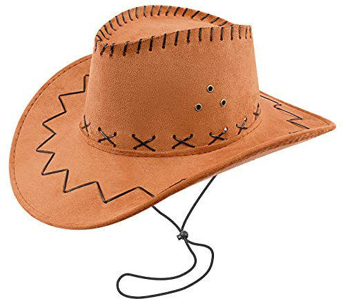 NYKKOLA Chapeau de cowboy avec ficelle Western Cowboy Chapeau de déguisement authentique Gunslinger Chapeau en daim pour homme et femme, jaune foncé, L