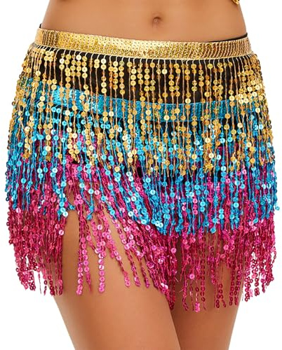 Baisdan Belly Dance Dancer Costume Sequin Tassel Fringe Hip Scarf Belt Waist Wrap Skirt Multicolor