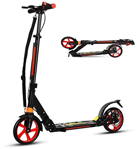 COSTWAY Folding Kick Scooter, 3 Heights Adjustable City Scooters with Big Wheels, Anti-Shocking Suspension and Carrying Strap, Lightweight Street Scooter for Kids, Teens and Adults (Black)