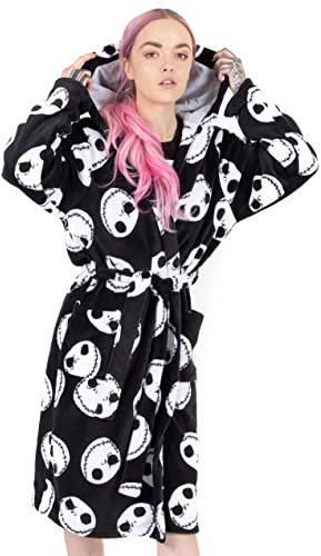 Disney The Nightmare Before Christmas Dressing Gown For Women | Adults Jack Skellington Pocket Black Bathrobe | Tim Burton Movie Pjs Robe L