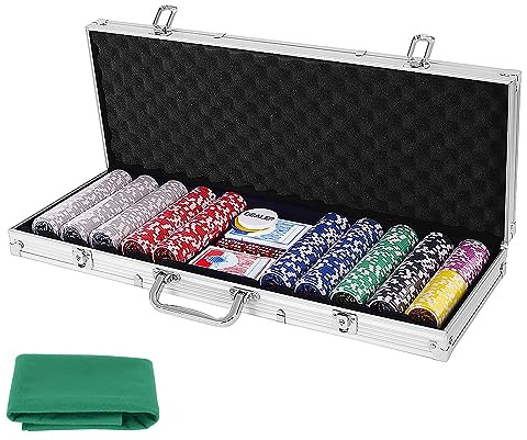 DREAMADE Pokerset mit 500 Laser Pokerchips & Aluminiumkoffer & 2 Kartendecks & 5 Würfel & 3 Dealer Button & Tischtuch, Profi Pokerspiel, Poker Set (Silber)