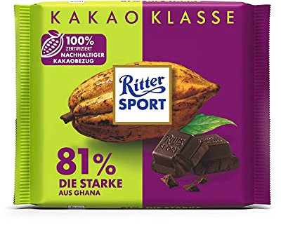 Ritter Sport Die Starke 81% aus Ghana 100 g, pure Edel-Bitterschokolade aus hochwertigem Kakao, dunkle Tafel Schokolade mit kräftigem Kakaogeschmack, Geschenkidee