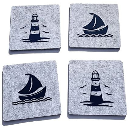 Filz Glasuntersetzer Maritim Meer Filzuntersetzer Tischuntersetzer Untersetzer 4er Set (2X Segelboot / 2X Leuchtturm)
