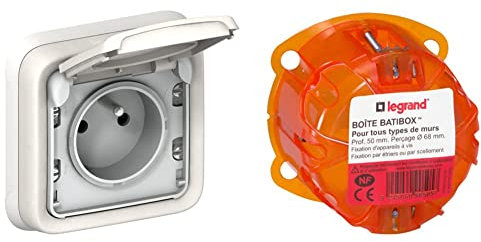 Legrand 069870 Prise de Courant Étanche avec Éclips de Protection Plexo, Complet Encastré, 2P+T, 16A, Blanc & Boîte à encastrer Batibox multimatériaux - 1 poste profondeur 50mm