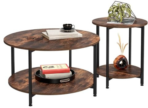 fevarbord Round Coffee Table Set of 2 Side Table 2 Tiers Coffee Table with Storage Industrial Nest of Tables for Living Room Bedroom Metal Frame
