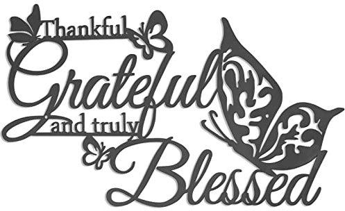 KHayRovies Metall Wortschild Dekor Wanddekoration, Thankful Grateful Truly Blessed Schwarz Heimdekoration Metalldekorationen, Wandbehang Buchstaben Zitate Eisen Wandkunst für Wohnzimmer (A)