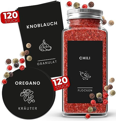 Kamoro Gewürzetiketten Selbstklebend - Sticker mit handgemalten Zeichnungen [240 Stück]- Wasserfeste Aufkleber für Gewürzgläser & Gewürzdosen - Runde & Rechteckige Etiketten für Vorratsdosen - Schwarz