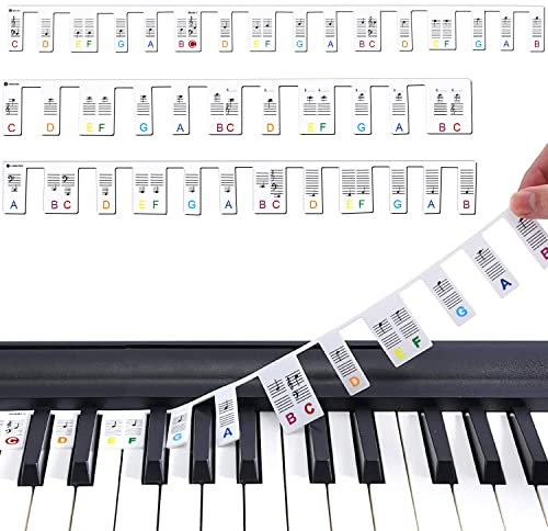 Abnehmbare Klaviertastatur Etiketten, Klaviernoten, Führungsetiketten für Anfänger, 88 Tasten und 61 Tasten,volle Größe, Silikon-Klavierschlüssel,Musiknoten,Buchstabenetikett, Wiederverwendbar