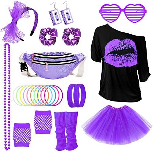 80s Costume Outfits Accessories Set for Women, 1980s Fancy Dress Party Kits with T-shirt Tutu Bumbag Headband Earring Necklace Fishnet Gloves Leg Warmers Glasses Bracelet Scrunchies for Women Dress up