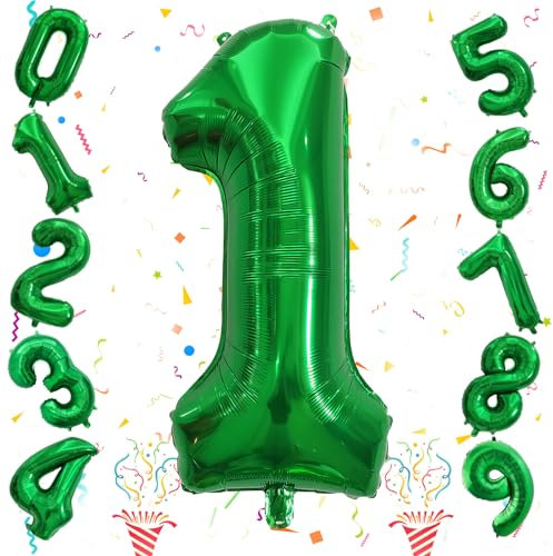 40 Inch Emerald Green Number 1 Balloon, 0-9 Set Large Number Foil Helium Balloons for Kids, Dark Green Balloons for Boys Girls 1st Birthday Party Baby Shower Anniversary Jungle Decoration Supplies