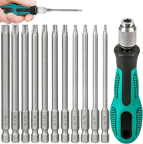 Funmo Torx Schraubendreher Set, 100mm T6-T40 Torx Magnetische Sternschraubenzieher Satz Torx Bit Set mit Griff Lang Sechskant Schaft S2 StahlStern Kopf Schraubenzieher