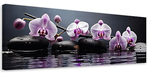 Feeby Bilder Orchidee Zen Spa 90x30 cm 1 tlg Modern Leinwandbilder Bild auf Leinwand Kunstdruck Wand Bild Wanddeko Design Schlafzimmer Büro Flur Hotel Spa Wohnzimmer Wasser Kerzen Steine Violett