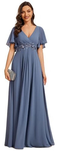 Ever-Pretty Vestito Donna Elegante Scollo a V Maniche a Volant Stile Lungo Abito Cerimonia Donna Denim Blu 42