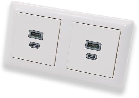 EBROM USB-C und USB-A Unterputz Steckdose/Lader (2 Stück), 45+15 Watt Leistung – Schnellladefunktion für Wearables, Smartphones Tablets + Gira System 55 reinweiß glänzend 2fach Rahmen 021203