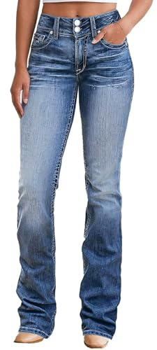 Flamingals Boot Cut Jeans for Women High Waist Tummy Control Straight Flare Trendy Denim Pants Mid Blue Wash XL
