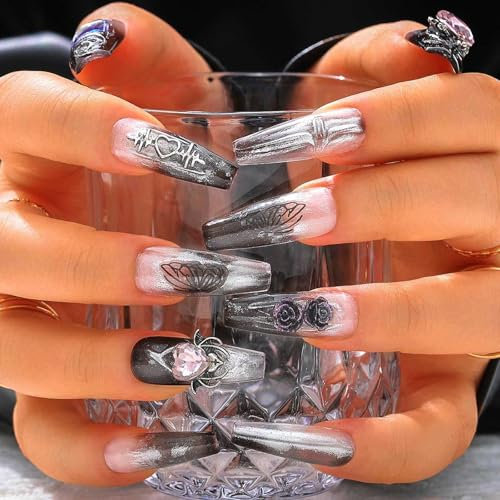 Sethexy Long Coffin Handmade False Nails - Goth Rose, 3D Design, Rhinestone, Gradient Press on Nails Women Salon Stick on Nails 10PCS