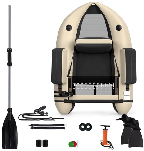 HOMASIS Schlauchboot, aufblasbares Angelboot mit Pumpe, Fischerboot mit verstellbarer Rückenlehne & Angelrutenständer, Belly Boat inkl. Alu-Paddel & Flossen, bis zu 160 kg belastbar, 136 x 105 x 54 cm