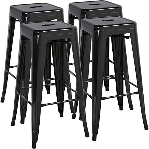 NEAFP Hohe Hocker Ergonomischer Barhocker 4er-Set, 30 Zoll hohe Barhocker aus Metall, Moderne stapelbare Industrie-Barstühle für den Innen- und Außenbereich, Schwarze Barhocker HGCHH