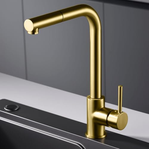 IMEX - Grifo de Cocina Extraible | Grifo Monomando Fregadero | Griferia de Cocina con Mangera Flexible 360º | Serie Malta | Color Oro Cepillado