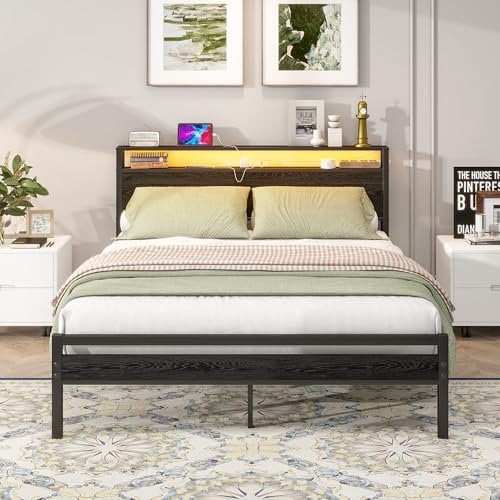 BORPHOM King Size Bed Frame with Storage Wooden Headboard and Charging Station/LED Lights,Metal Platform Bed Frame King Size Bed Base No Box Spring Needed,Strong Steel Slats Support,Noise Free,Black