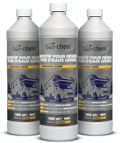 bio-chem - Additif pour réservoir d'eau Grise 3 x 1L - Additif pour Reservoir Eau WC Chimique de Camping Car, Toilette Chimique Caravane - Produit nettoyant pour réservoir d'eau