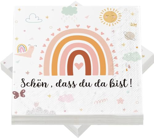 Epokus 40 Stück Servietten 'Schön Dass Du Da Bist', Regenbogen, 3-lagig, Papierservietten für Geburtstage, Taufe, Hochzeit