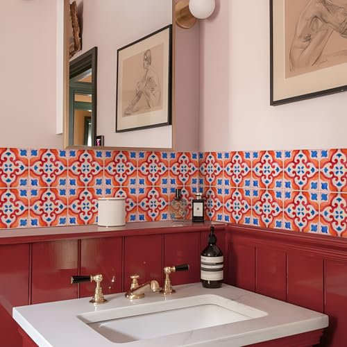 Alwayspon Tile Sticker, 10PcsX15cm/6inch Blue and Red Self Adhesive Stick on Tiles Transfer Sticker for Bathroom Kitchen, Splashback, Peel and Stick Vinyl Floor Wall Tiles Sticker