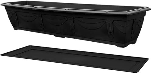 VR7 90cm Long Garden Planter with Tray - Durable Plastic Trough for Raised Window Planting - Ideal for Flowers, Herbs, and Vegetables