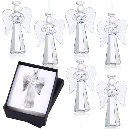 CroBlissful 6 Pcs Glass Angel Ornaments Thanksgiving Gift Christmas Crystal Angel Figurines Clear Hanging Angel Decor for Christmas Tree Car Home Decorations, Holiday Party Favors(Lovely)