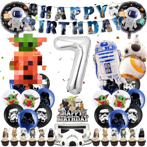 Luftballons Star Krieg Geburtstag Deko 7 Jahre Jungen- Sterne Wars Geburtstagsdeko 7 Jahr Yod Ballon Kindergeburtstag Girlande Tortendeko Roboter Folienballons Birthday Banner für Party Supplies Deko