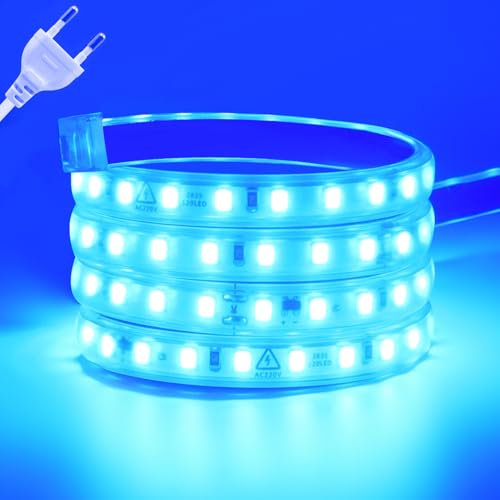Wisada Anschluss an AC220-240V LED Streifen, 0.5M 120LEDs/m SMD2835 Flexible Superhell Blau CRI≥90 LED Lichtband, LED Band Lichtschlauch Leiste Kette Selbstklebend mit Stecker für Weihnachten