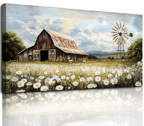 MHARTK66 Bauernhof Blumenmeer Leinwand Bilder, 73x146 cm XXL Wandbilder Wohnzimmer Landschaft Bild Aesthetic, Modern Wanddeko Kunstdruck Schlafzimmer Esszimmer Büro Küche Badezimmer