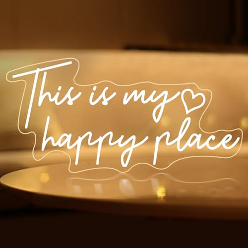 This is My Happy Place Neon Sign Dimmable Warm White LED Neon Light Aesthetic Room Decor for Teen Girls Neon Light Signs for Bedroom, Salon,College Dorm, Wedding Party Decor Neon Classroom Sign