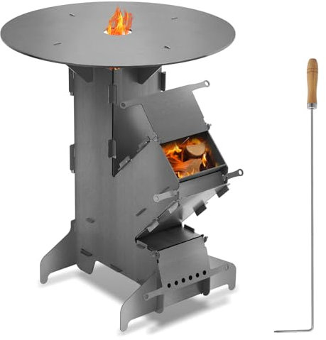 Jaxguom Raketenofen mit Grillplatte und Feuerhaken, Rocket Stove Outdoor, Stecksystem, 3 mm dickem Stahl, Holzofen Campingofen Pelletofen für Dutch Oven BBQ