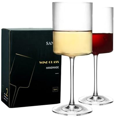 SANZO Set di 2 bicchieri da vino quadrati in cristallo, fatti a mano, moderni bicchieri da vino rosso e bianco, alti 425 g, per casa, bar o regalo (2 pezzi)